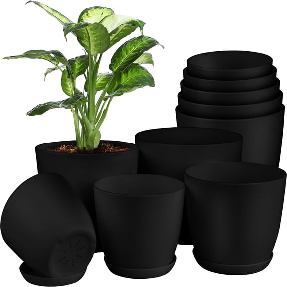 ZULAR Plant Pots with Multi Drainage Holes - 10 Pieces Versatile,Sturdy Plastic,Stackable Design Home Decor Flower Pots for Indoor and Outdoor Gardening - Black