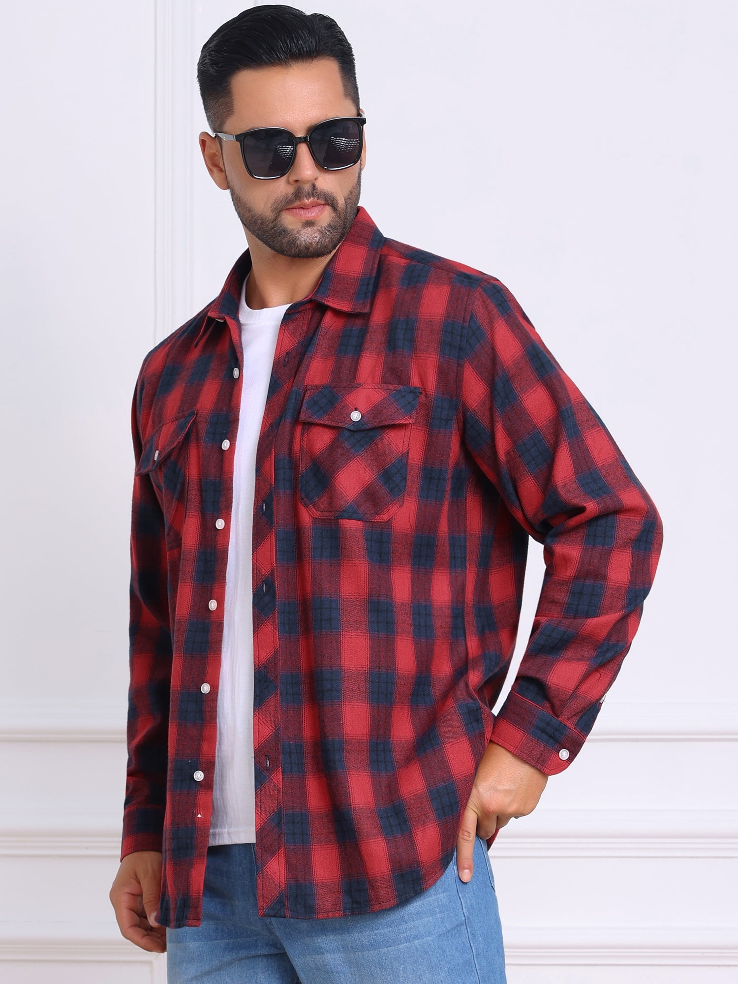 DARING DIVA Men's Contrast Color Slim Fit Long Sleeved Button Down Shirts 2XL Red Blue