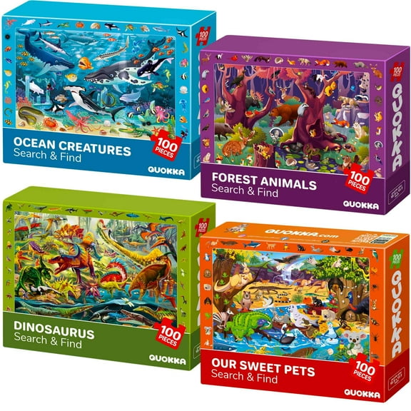 QUOKKA 100-Piece Kids Puzzles Ages 4-8 – 4-Pack Animal & Dino Jigsaw – Learning Search and Find Game