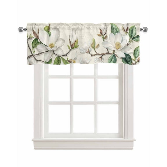 Botanical Floral Kitchen Valances for Windows Farmhouse Linen Window Valance Curtain for Living Room Window Treatment Retro Country Magnolia Flowers Leaves Valance Rod Pocket Topper, 54 x 18 Inch