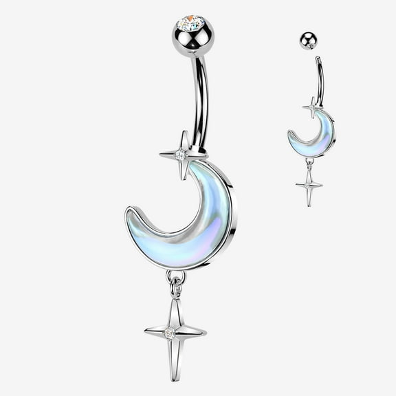 BM25 Iridescent Aurora Crescent Moon Sparkle Star Dangle Belly Button Ring-Clear Gem
