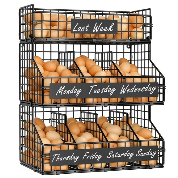 YMWVH Wall-mounted countertop egg holder with 5 dividers and DIY nameplates for separating eggs; 3-tier stackable wire storage baskets suitable for collecting fresh eggs and seasonings