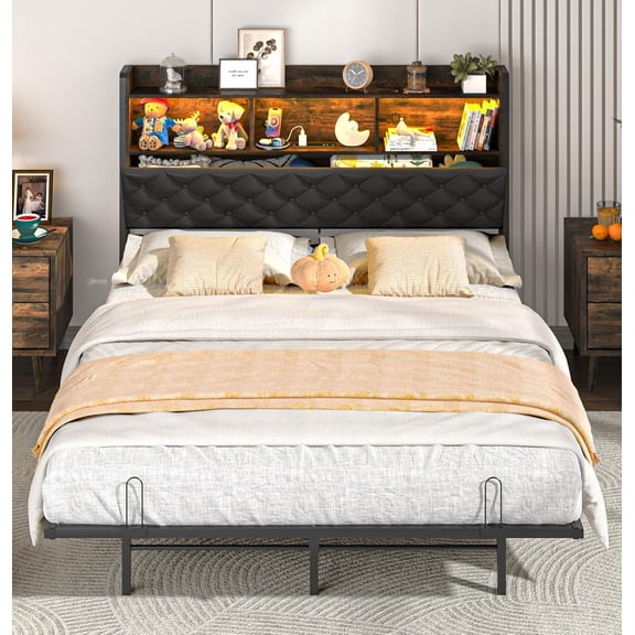 ANPOO Full Size Floating Bed Frame with LED Lights, Metal Platform Bed with Storage Headboard and Charging Station