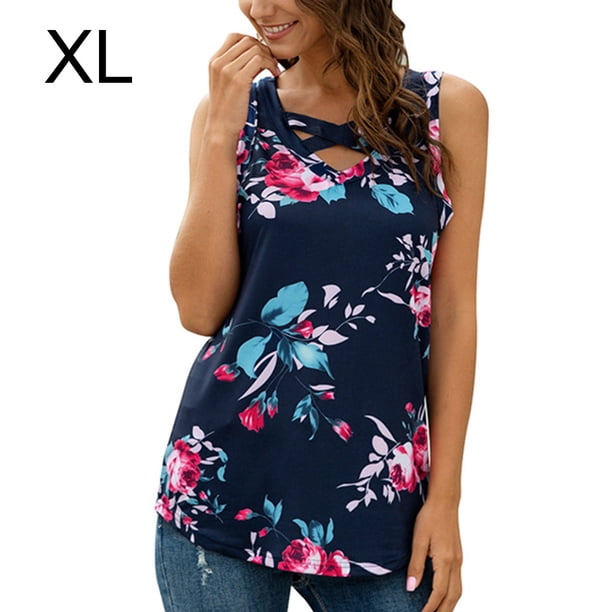 Chaleco de mujer Boho Camiseta sin mangas con estampado floral Camiseta con cuello en V, Azul marino, XL sidaley AP002566-19