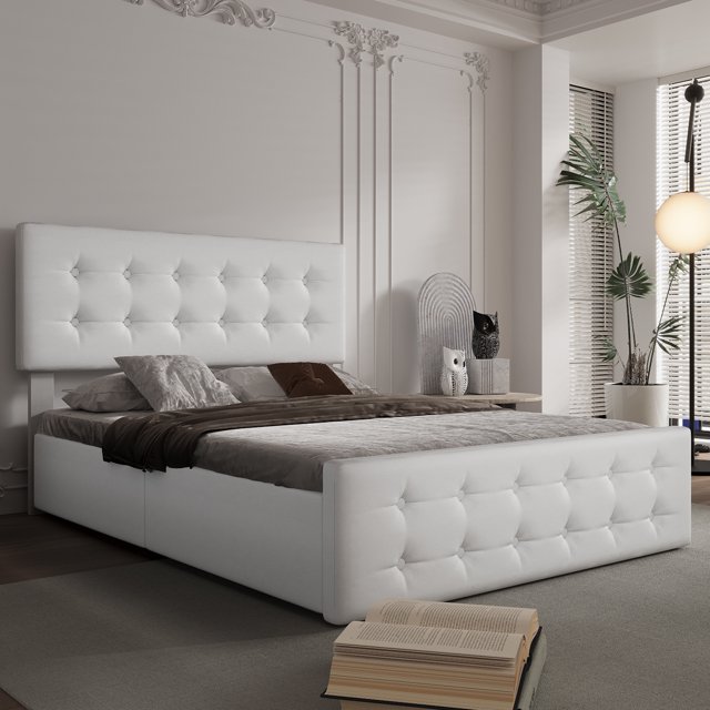FULL Size Bed Frame with 4 Storage Drawers, Linen Upholstered Platform Bed Frame with Wooden Slats Support, Button Tufted Design, White