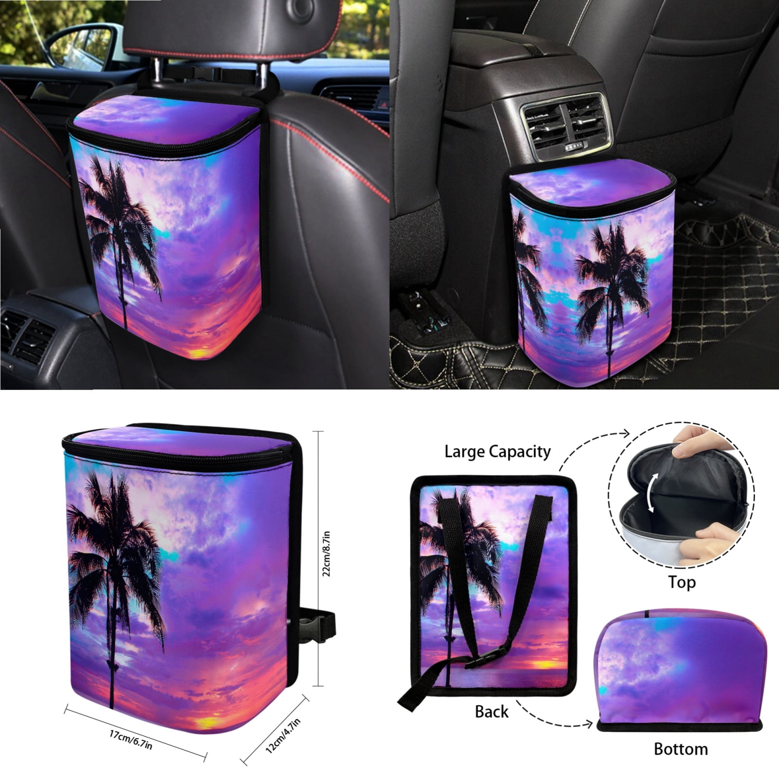 Garronmavis Beach Sunset 15 PCS Car Seat Cover Full Set 4 Pieces Car Seat Covers Steering Wheel Cover Wristlet Strap Car Trash Can Car Dash Accessories Rearview Mirror Cover Car Coasters