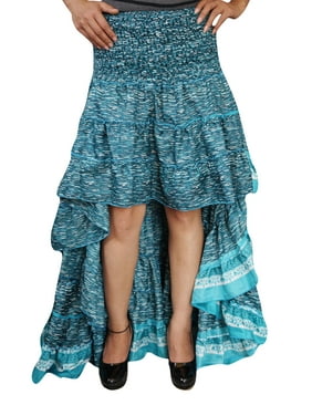 Mogul Blue Vintage Recycled Sari Hi Low Skirt Flare Tiered Flowy Skirts Boho Style Skirts Halloween Fun