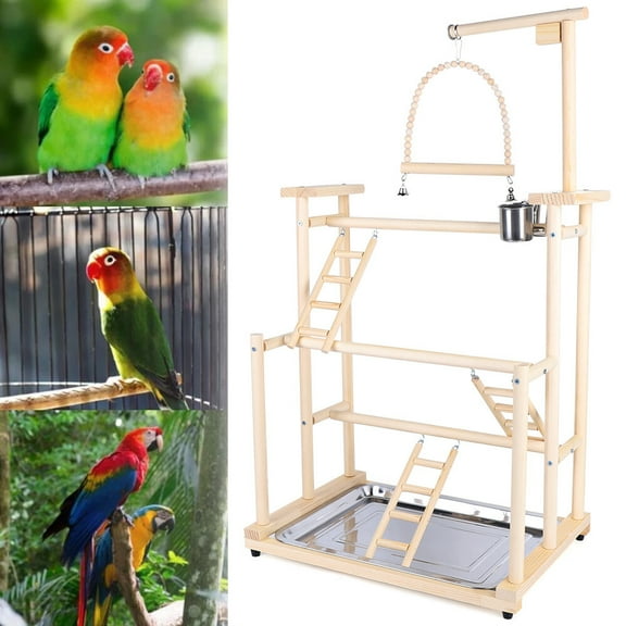 Bird Playstand, Parrot Stand 3-Tier Beech Wood with Toys for Small Birds Canaries