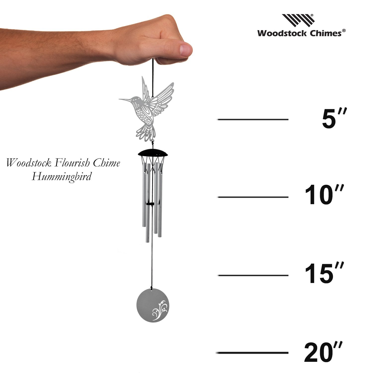 Woodstock Wind Chimes Signature Collection, Woodstock Flourish Chime, 18'' Hummingbird Silver Wind Chime FLHU - image 4 of 6