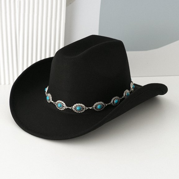 HNMKIU Western Cowboy Hat Turquoise Bohemian Wide Brim Design with Chain for Men Women Fashionable Unisex Party Accessory Black,One Size