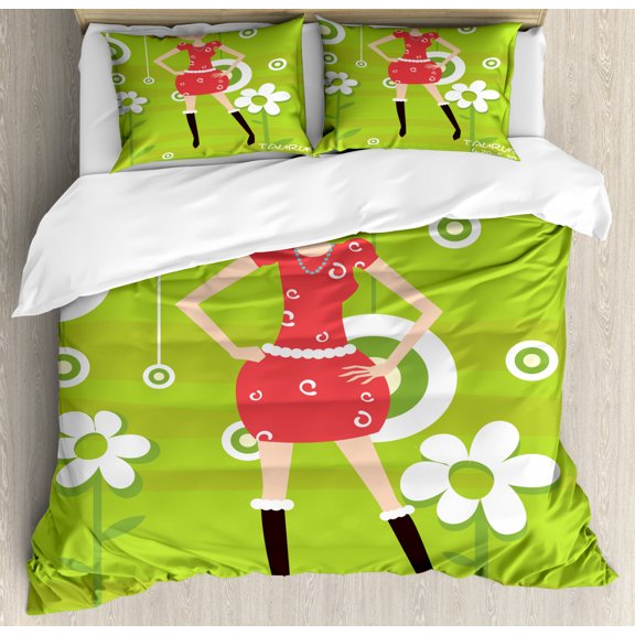 Zodiac Taurus King Size Duvet Cover Set, Fashion Taurus Young Girl Standing on Green Floral Backdrop Teenage Cartoon, Decorative 3 Piece Bedding Set with 2 Pillow Shams, Multicolor, by Ambesonne