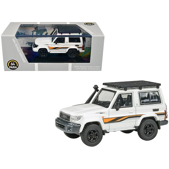 2023 Toyota Land Cruiser 71 White "70th Anniversary" with Stripes and Roofrack 1/64 Diecast Model Car by Paragon