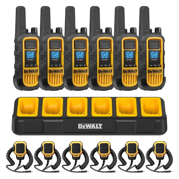 DeWalt DXFRS800 Heavy-Duty Walkie Talkies with Remote Speaker Mics & 6-Port Charging Dock (6 Radios) - 2W Rechargeable Long Range Two-Way Radios, Waterproof