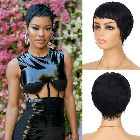 Cut Wig Human Hair Short Cut Wigs for Black Women Glueless Layered Full Machine Made Natural Straight Non-Lace Front Wig 945 Inch 1B Color