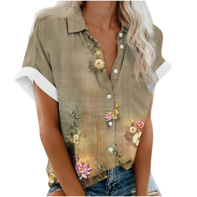 Pompotops Blouse Décontractée à Col pour Femmes Manches Courtes Imprimé Chemise Ample Boutons Cardigan Liquidation