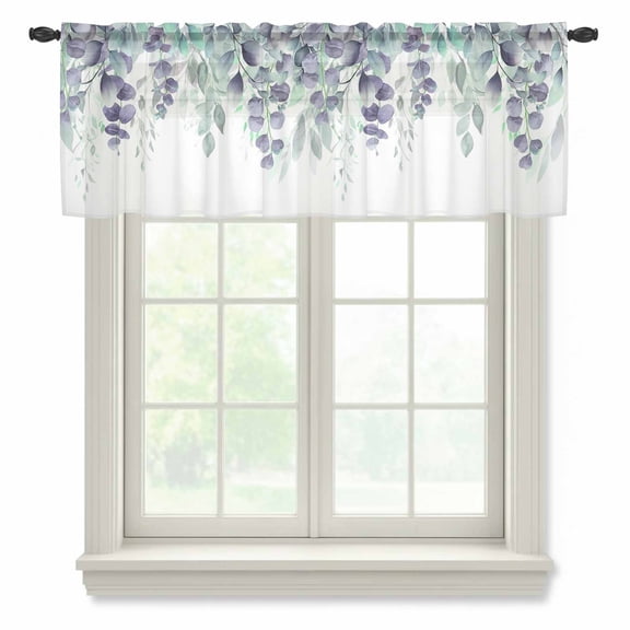 Teal Purple Botanical Valance Curtains for Kitchen/Living Room/Bathroom/Bedroom Window,Rod Pocket Small Topper Half Short Window Curtains Voile Sheer Scarf,Eucalyptus Leaves Watercolor Spring 60"x18"