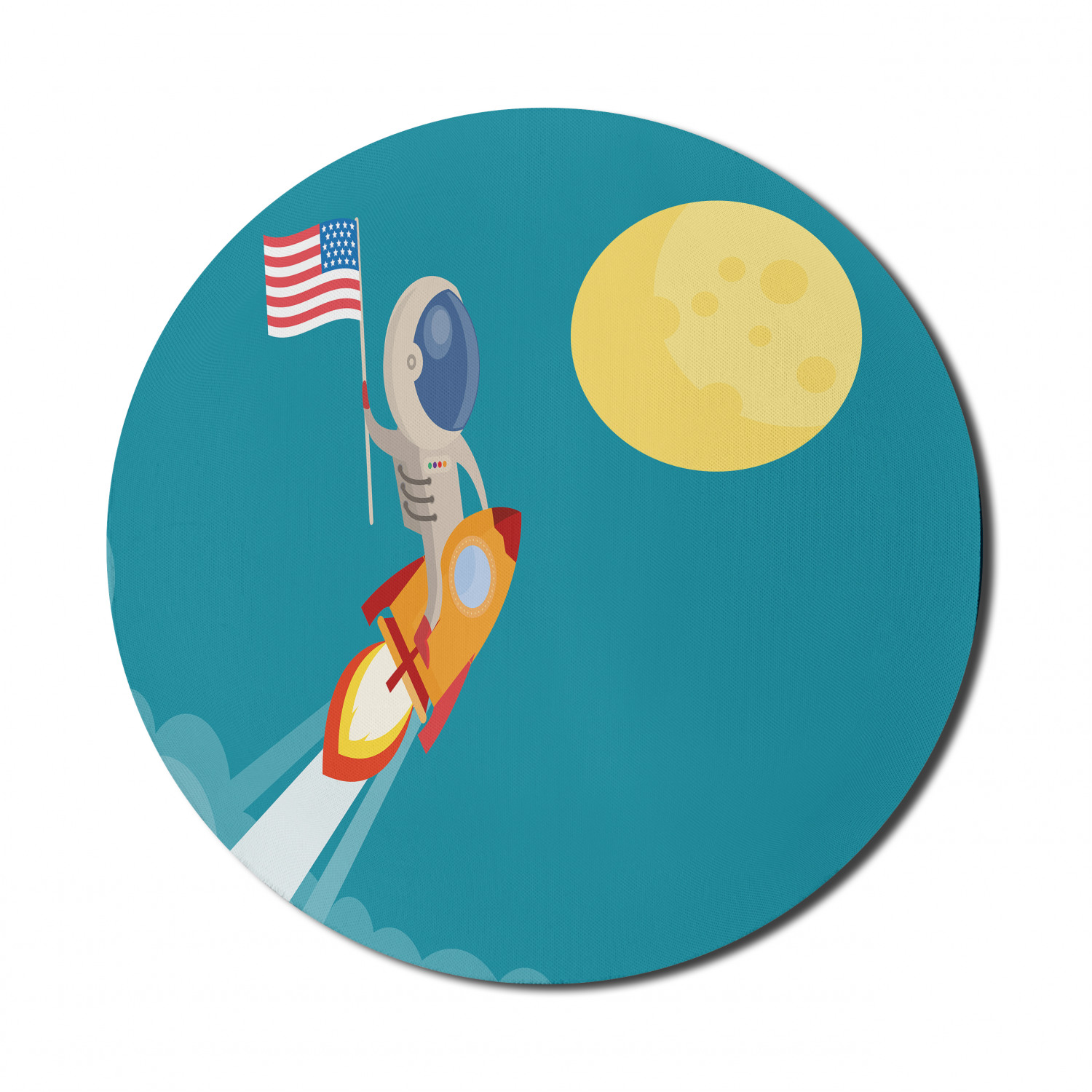 Alien Mouse Pad for Computers, Cartoon of American Flag Held by Astronaut Riding a Rocket to the Moon, Round Non-Slip Thick Rubber Modern Mousepad, 8" Round, Sea Blue and Multicolor, by Ambesonne - image 1 of 2