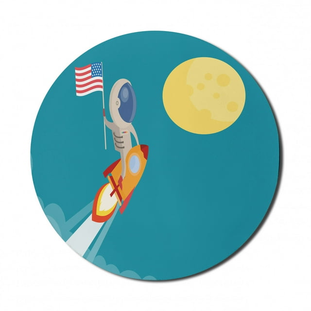 Alien Mouse Pad for Computers, Cartoon of American Flag Held by Astronaut Riding a Rocket to the Moon, Round Non-Slip Thick Rubber Modern Mousepad, 8" Round, Sea Blue and Multicolor, by Ambesonne