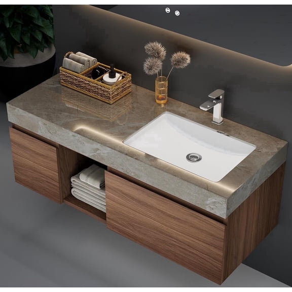 48 inch Floating Bathroom Vanity with Sink, Modern Wall Mounted Vanity Bathroom Storage Cabinet with Grey Sintered Stone Countertop, Ceramic Single Sink