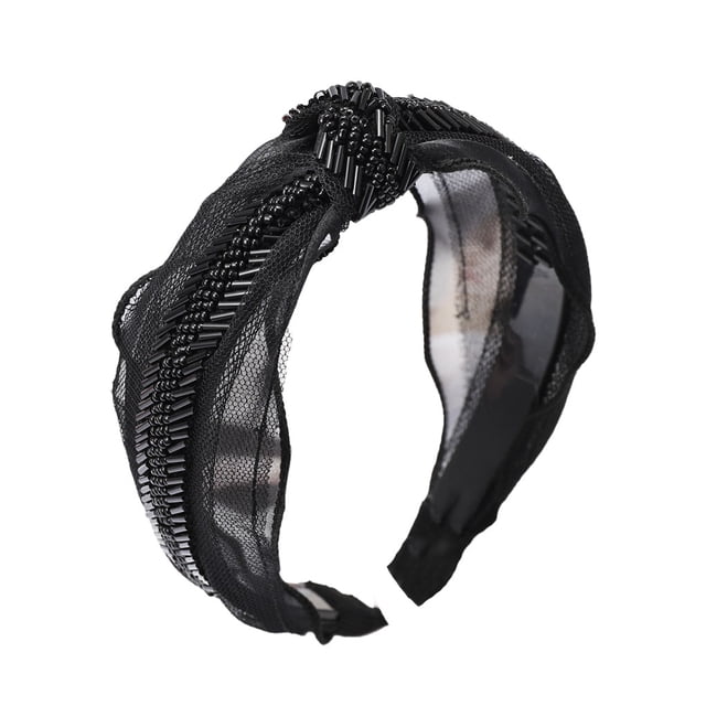Sonducket Bandas para el cabello Aro de cuentas de encaje Estilo elegante Orejas de conejo negras Antideslizantes con diademas de engranajes para bodas de Accesorio para el cabello nudo negro Sonducket AP010008-01B