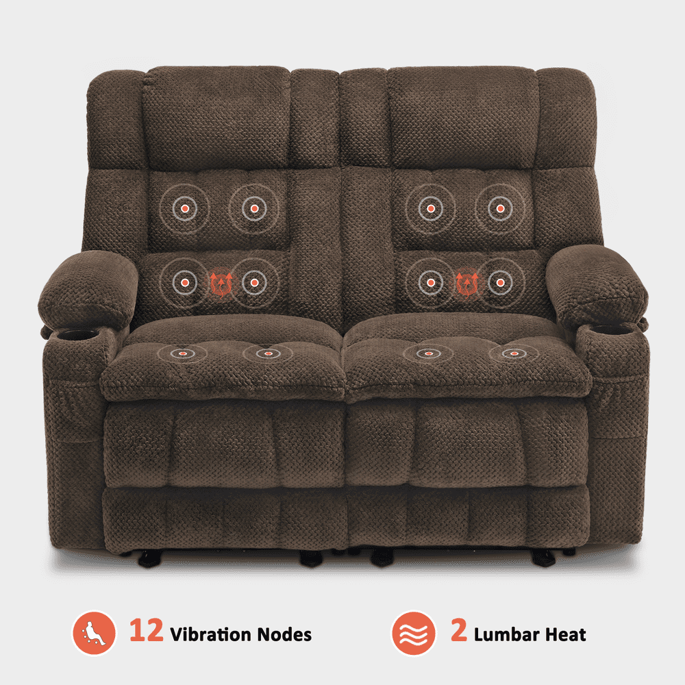 MCombo 57" Power Loveseat Recliner Sofa, Reclining Seating with Heat Vibration for Living Room, Fabric, Brown