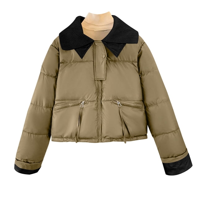 Parkas de manga larga con cuello para mujer, chaqueta de plumón corta, chaqueta de cuero de invierno para mujer, chaqueta gruesa y cálida, abrigo para mujer