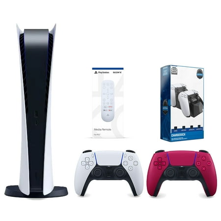 Sony Playstation 5 Digital Edition Console with Extra Red Controller, Media Remote and Surge Dual Controller Charge Dock Bundle