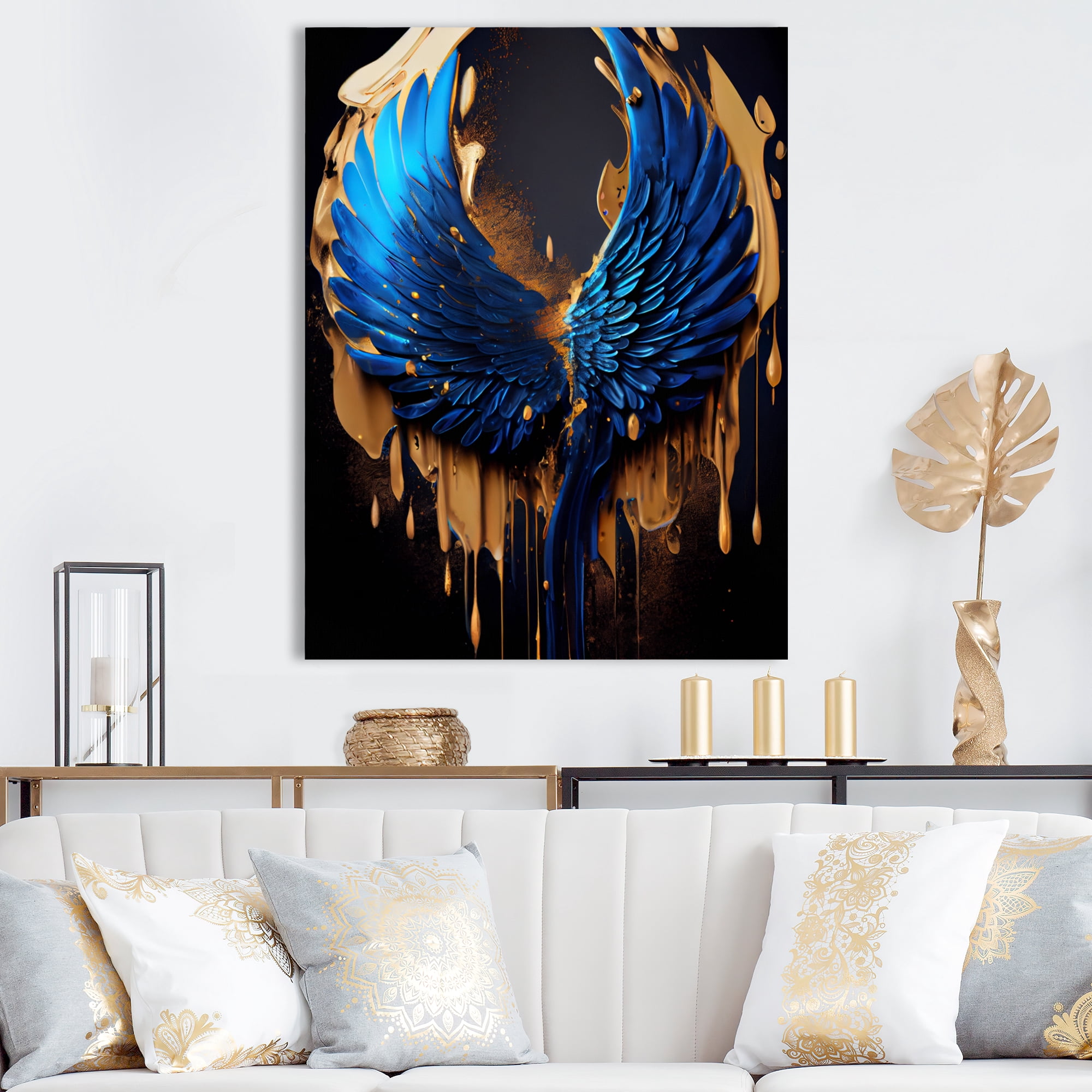 Designart Blue And Gold Angel Wings IV Canvas Wall Art
