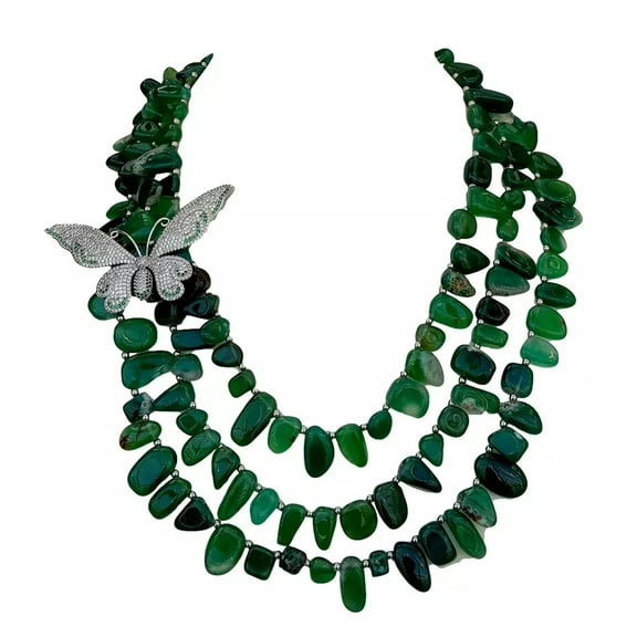 EOEMY 3 Strands Green Agate Cubic Zirconia Pave Butterfly Necklace 20"