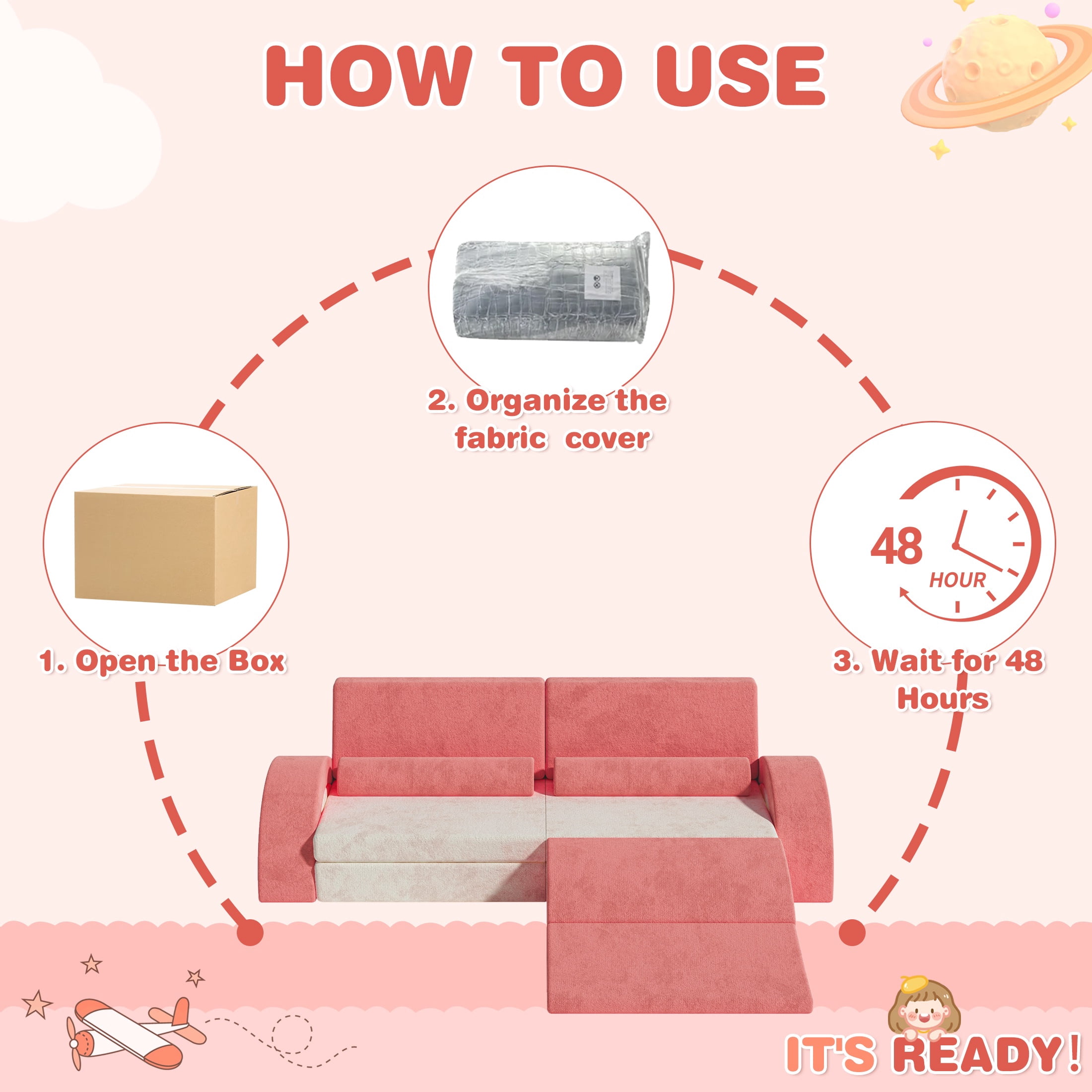 11PCS Modular Kids Play Couch, HSUNNS Fabric Kids' Sofa with Removable Cover, Convenient Storage, Indoor Foam Sofa Living Room Sectional Couch for Boys Girls 3-8, CPC Certification, Pink