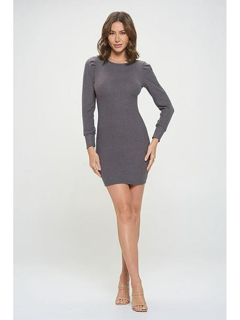 dark grey bodycon dress Ego LONG SLEEVE CONTOUR DETAIL MINI BODYCON DRESS IN GREY KNIT L NWT