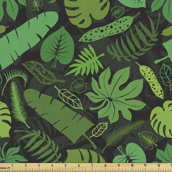 Jungle Upholstery Fabric by the Yard, Pattern of Various Forest Leaf Silhouettes, Decorative Fabric for DIY and Home Accents, 3 Yards, Evergreen Fern Green by Ambesonne