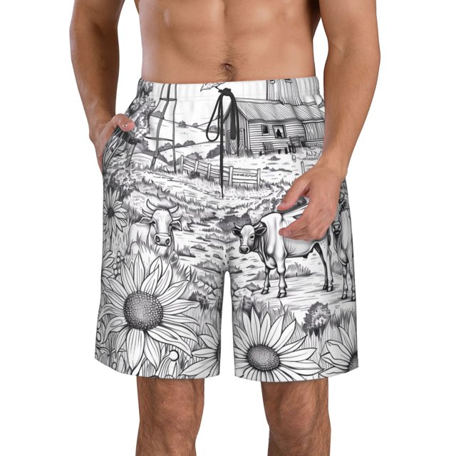 Balery Country Farm Scene Traje de Baño Estilo Hawaiano para Hombre, Shorts de Secado Rápido con Bolsillos-3X-Large