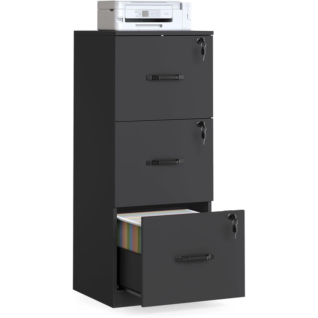 VASAGLE Archivador de 3 Cajon, Archivador con Cerradura, Soporte para Irora, Archivos de Tamaño A4 y Carta, Negro Tinta MOFC055B16