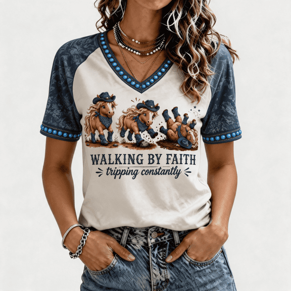 Womens Faith Short Sleeve Shirts Walking By Faith Tripping Constantly Highland Cow Print V Neck Shirts Christian Bible Verse Print Tee For Women