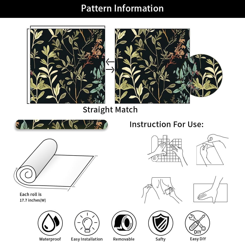 Blue/Brown/Yellow Wildflowers Grass in Black Leaf Flowers Peel and Stick Wallpaper Wall Decor Self Adhesive Wall Paper Stick on Easy Peel Off Contact for Renter Apartment