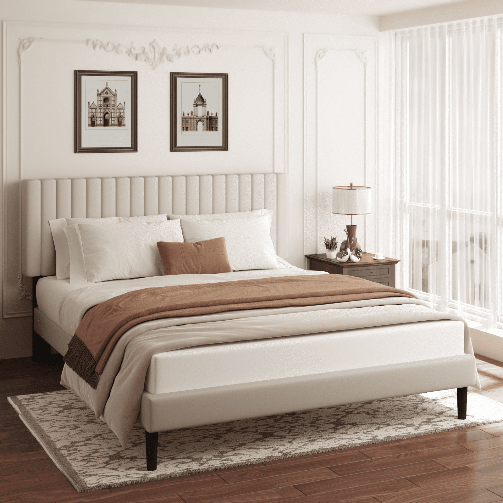 VIPLOV Full Size Bed Frame with Velvet Upholstered Headboard, Platform Bed with Strong Wood Slats, Mattress Foundation, Box Spring Optional,Easy Assembly, Beige