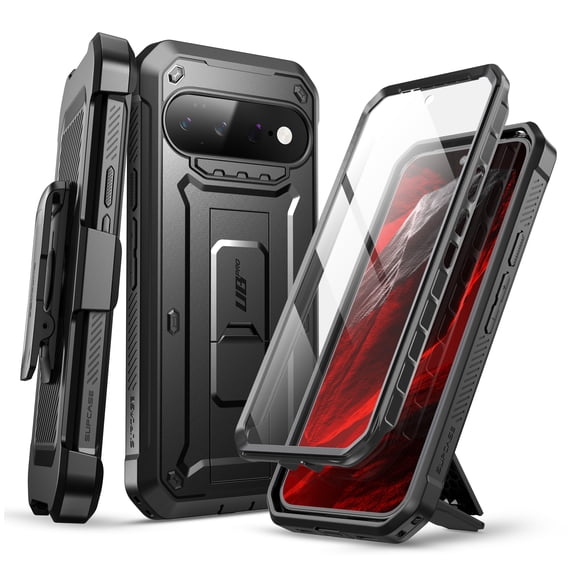 SUPCASE for Google Pixel 11 Pro XL Case (2026) with Screen Protector, Black Built-in Kickstand Shell, 360° Rotating Belt Clip, Rugged Anti-Scratch Full Body Case, Military-Grade Protection Cover