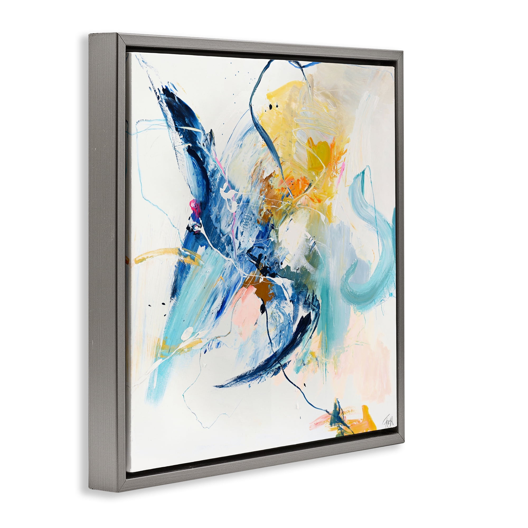Confident Blue Abstraction Gray Framed Floater Canvas Wall Art, design by Design Fabrikken
