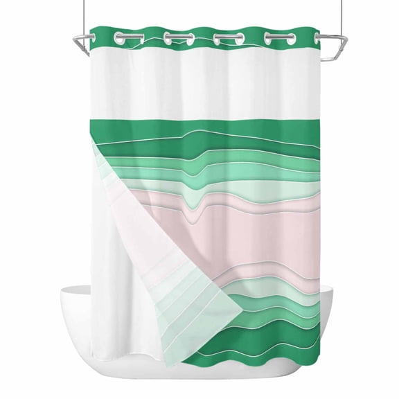 No Hook Green Stripes Shower Curtain with Snap in Liner Set, Light Pink Ombre Simple Abstract Lines Waterproof Bathroom Curtains with See Through Top Window, Hotel Style Extra Long 72 x 96 Inch