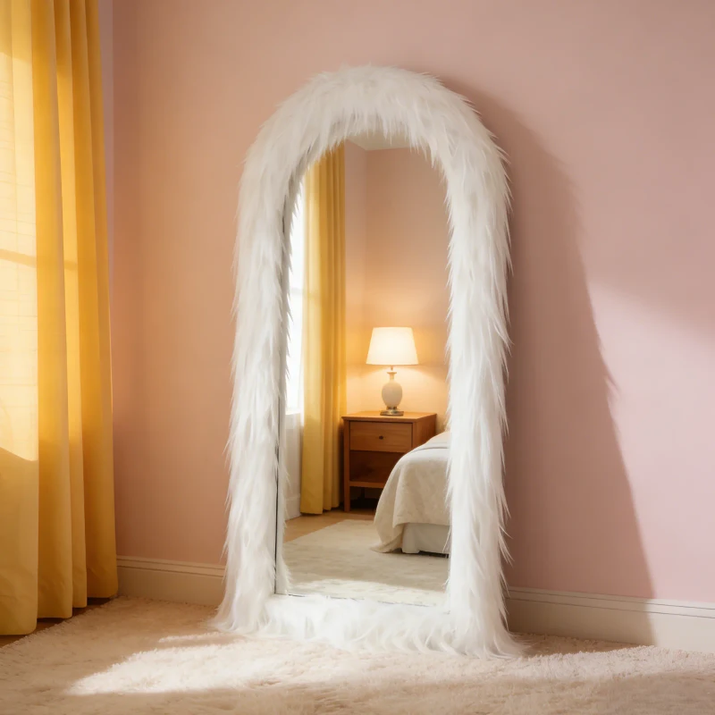 Lumora 32"x 71" Arched Full Length Mirror Large Free Standing Mirror with Fluffy Framed, White