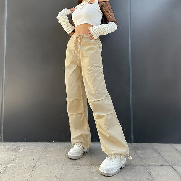 Gibobby Pantalones cargo informales tejidos estilo hip hop con bolsillos y cintura elastica ajustable con personalidad para mujer Beige L Bodega Aurrera en linea