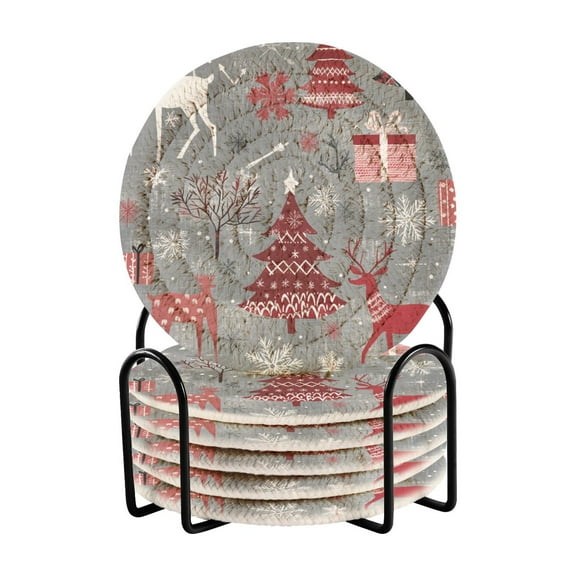 WOBOGO Red and White Christmas Tree Patterns Coil Coasters Set of 6 Minimalist Cotton Woven 3.94 inch Non-Slip Insulated and Absorbent Home Accessories.
