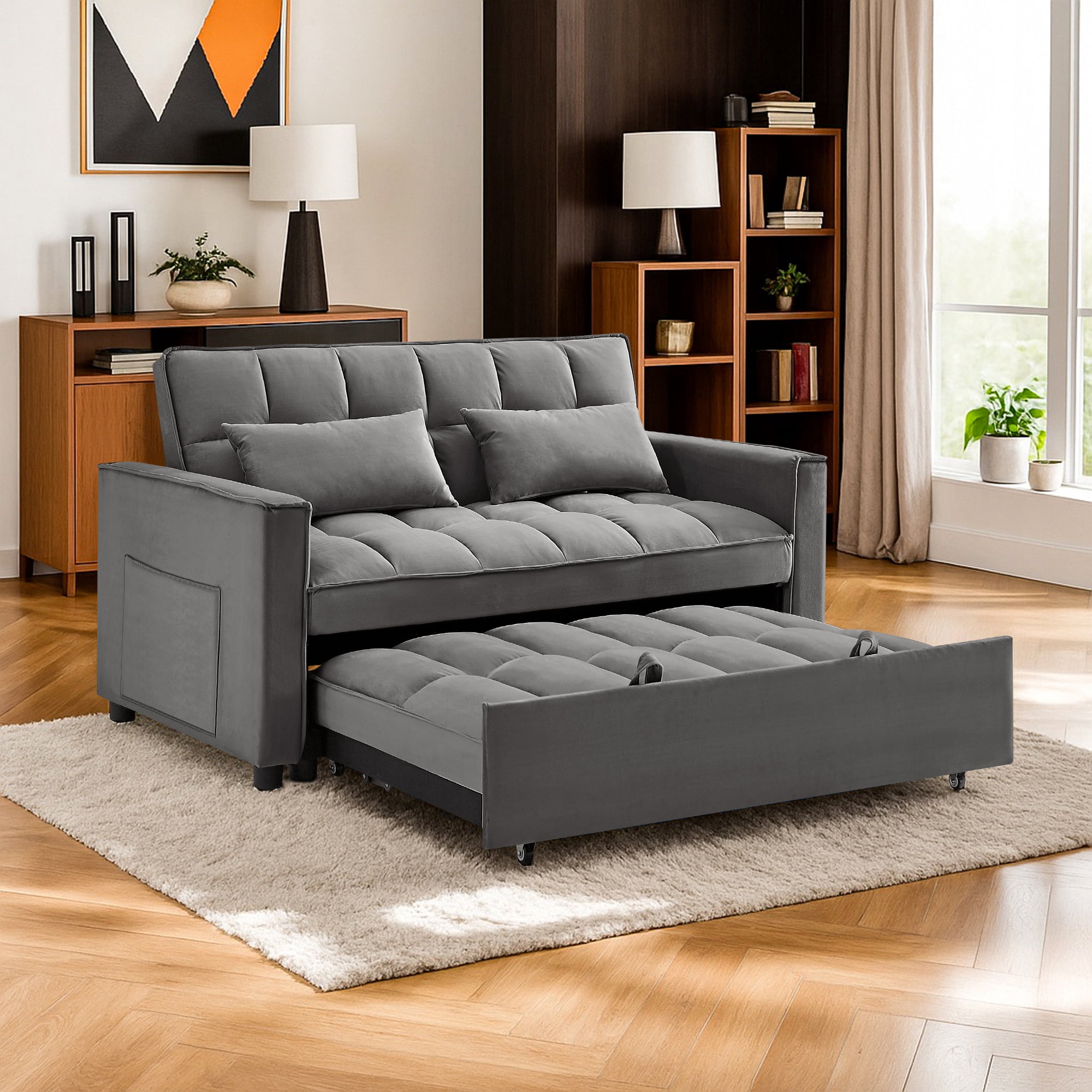 Kadyn Futon Sofa Bed, 54" Adjustable Backrest Convertible Futon Sofa for Living Room, Futon Sleeper Sofa with Side Pouch, Gray