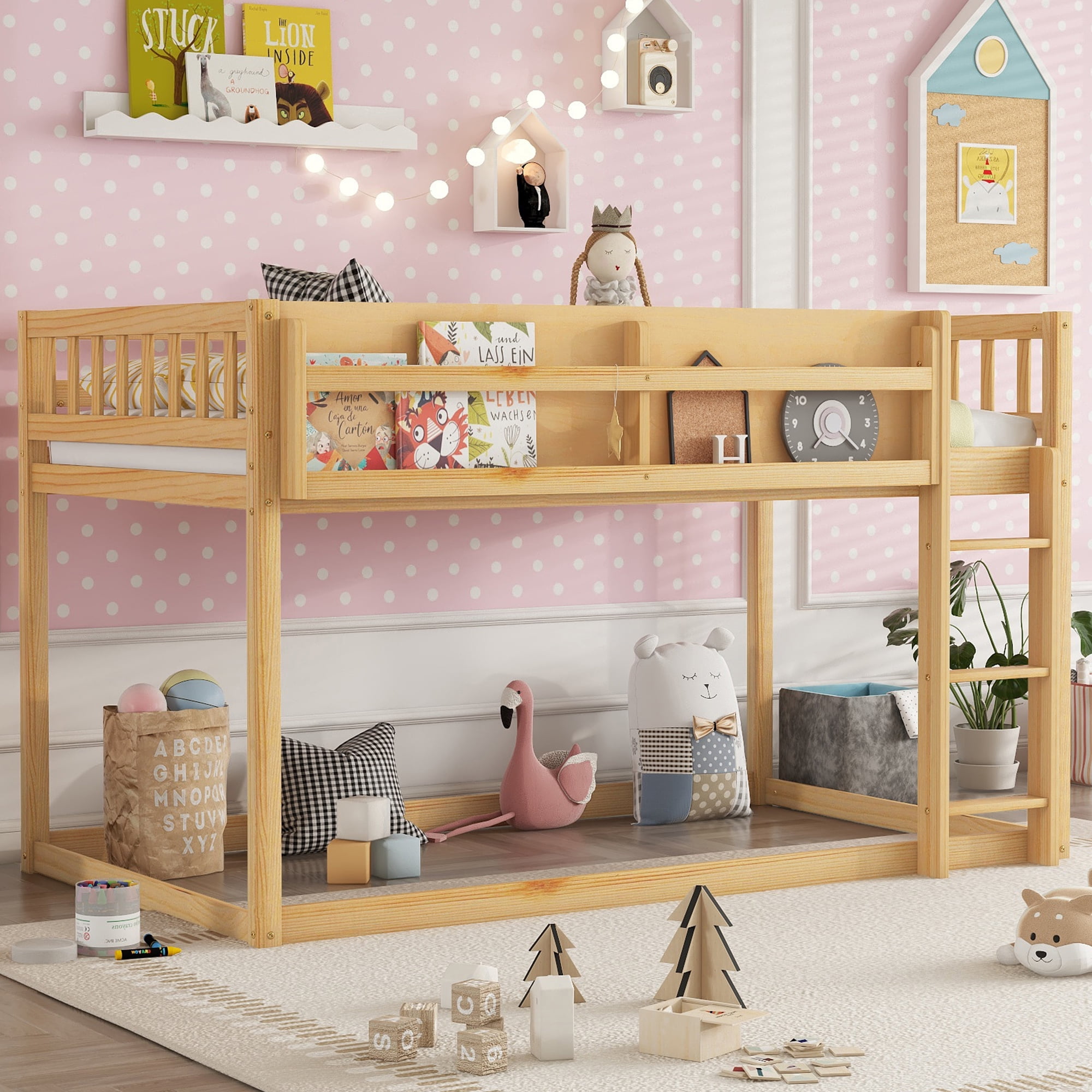HOQBN Bunk Bed Twin Over Twin,Solid Wood Low Floor Bunk Bed with Ladder,Natural
