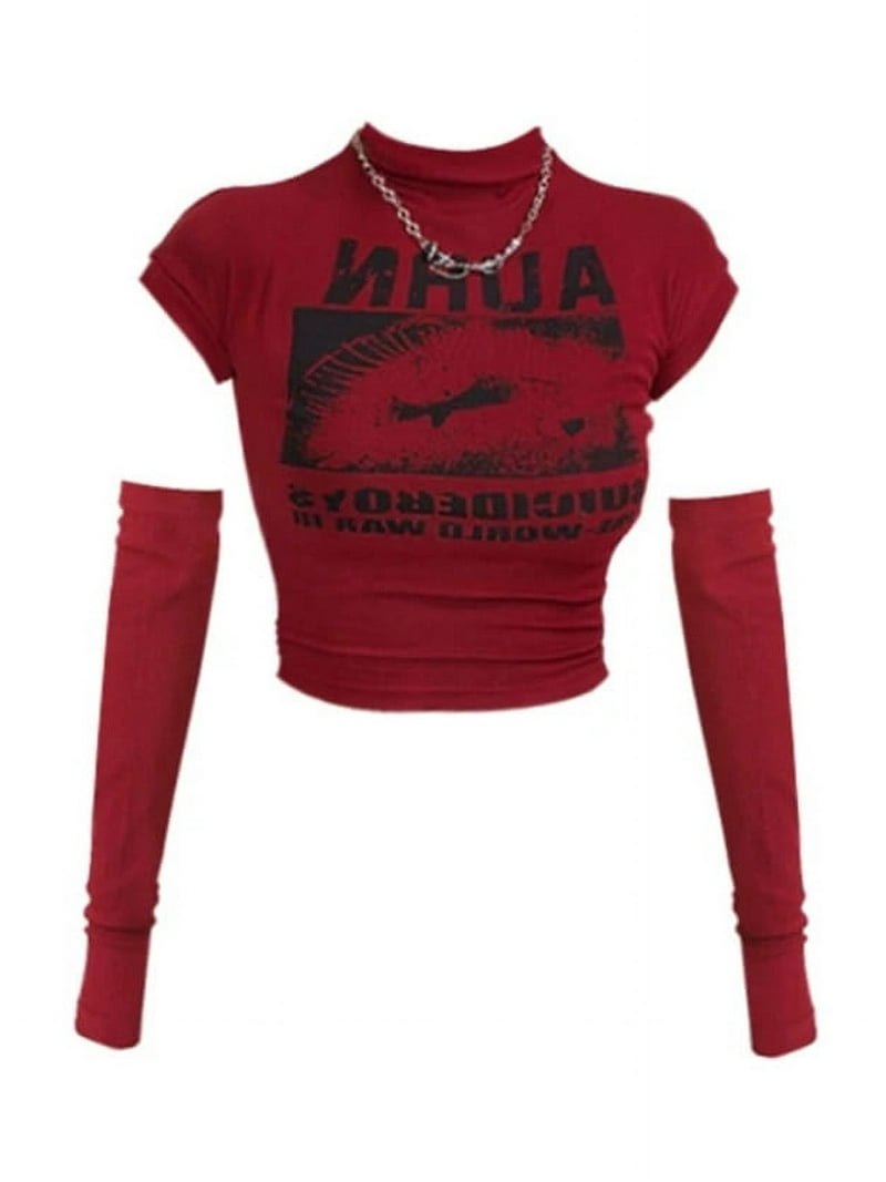 HOUZHOU Y2k Red Tops for Women Vintage 2000s Aesthetic Kpop