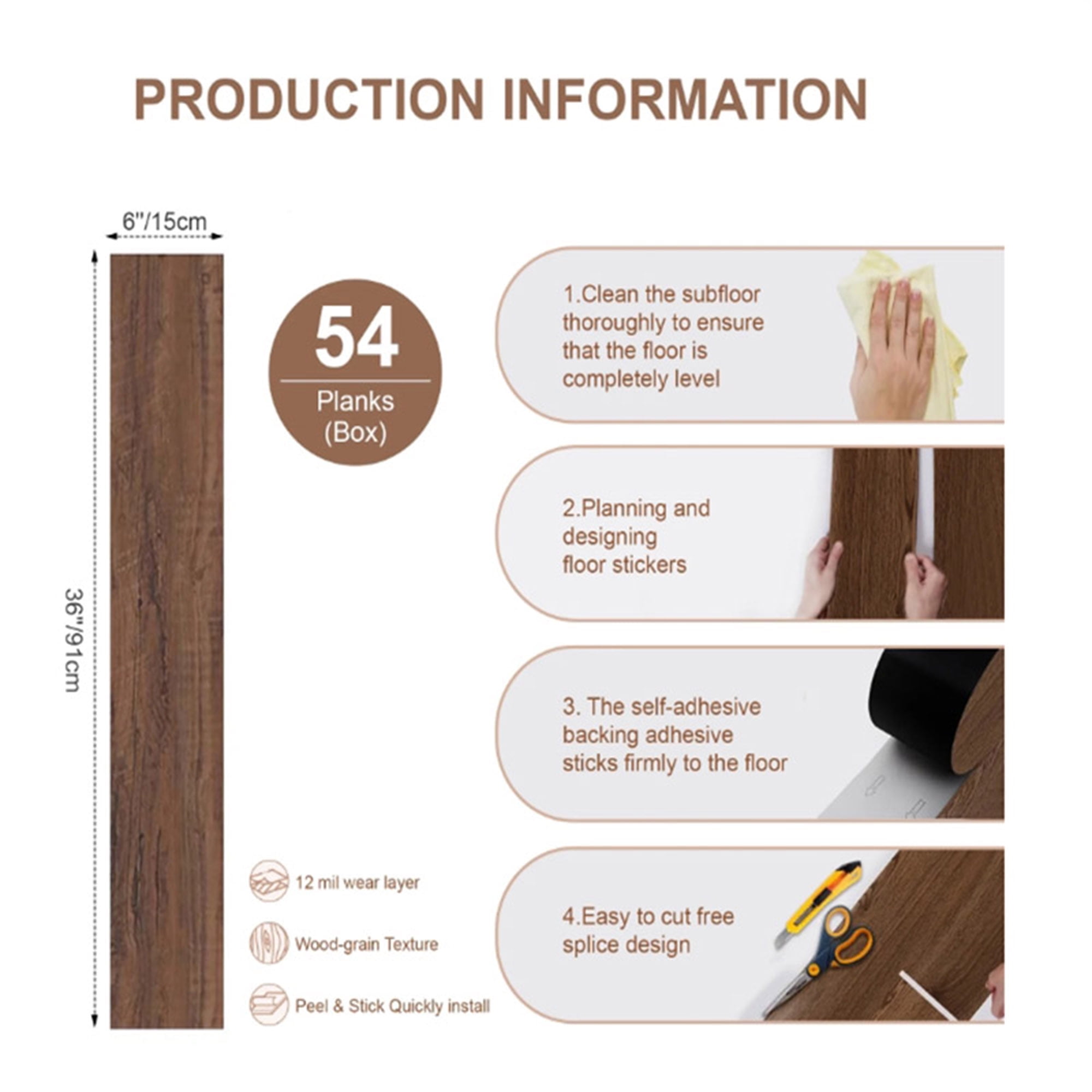 54pcs (cover 81 Sq. Ft), Each pcs 36''*6''. Peel & Stick, Vinyl Plank Flooring, Wood Grain, Self-adhesive and Waterproof Tile Sticker, DIY Stickers- for decorating living rooms, bedrooms, offices