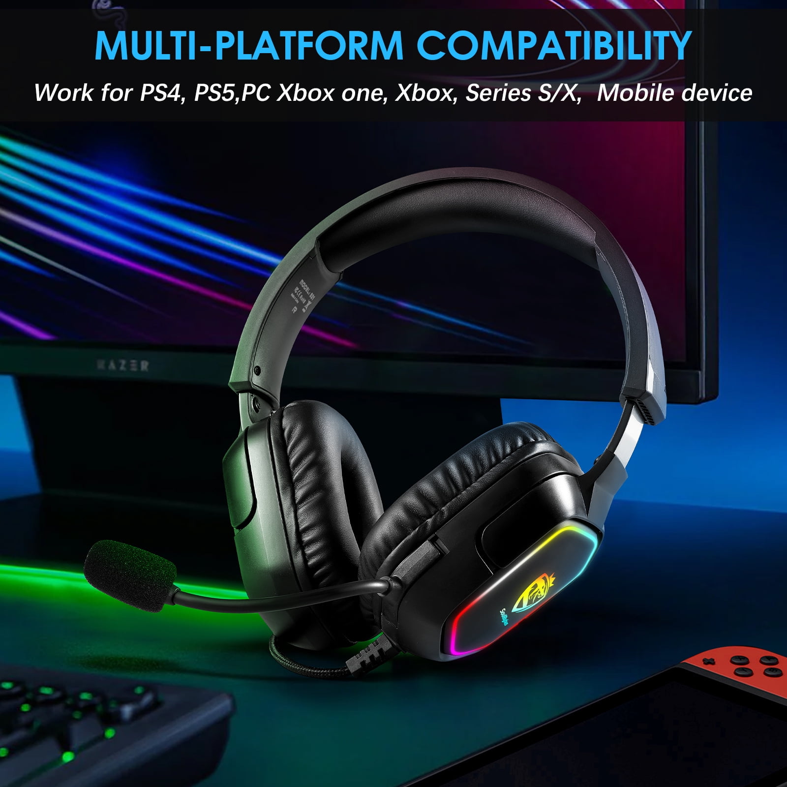 Gaming Headset with Microphone, Over Ear Headphones with Directional Noise Cancelling Mic and Dynamic RGB Lighting, 3.5mm Audio Jack, for PC, Smartphone, Gaming Console, Extra-Large Earcups