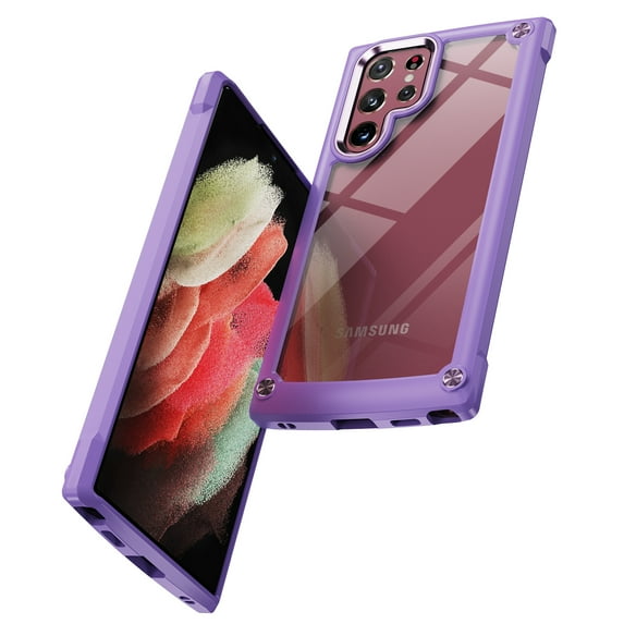ELEHOLD Rugged Clear Case for Samsung Galaxy S23 Ultra 6.8" Hybrid Hard PC Crystal Clear Back+Soft TPU Shockproof Design Slim Lightweight Support Wireless Charging - Purple