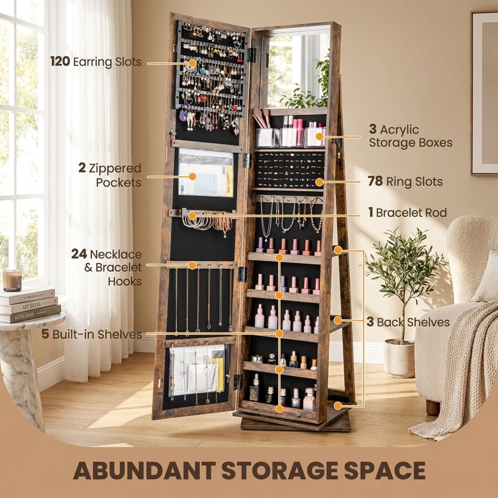 Furnibear 360° Swivel Jewelry Armoire Standing Jewelry Organizer with Full Length Mirror and Back Shelves for Bedroom Dressing Room, Rustic Brown